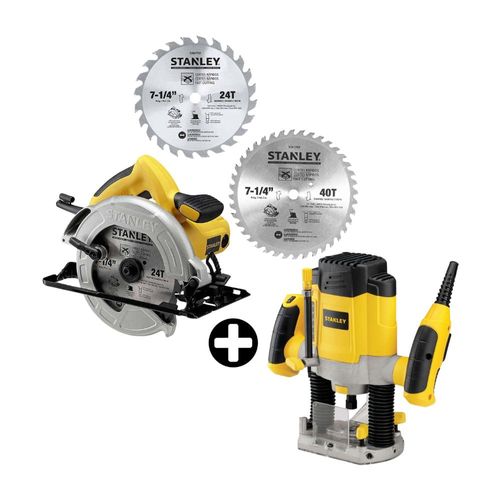 COMBO Stanley: Sierra Circular SC16 1600W + 2 Discos 7-1/4" + Ruteadora SRR1200 1200W