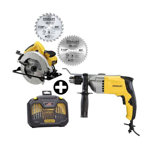 COMBO Stanley: Sierra Circular SC16 1600W + 2 Discos 7-1/4" + Taladro 800W + Set de accesorios