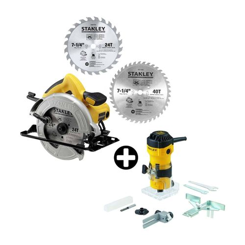 COMBO Stanley: Sierra Circular SC16 1600W + 2 Discos 7-1/4" + Fresadora 1/4" 550W ST55