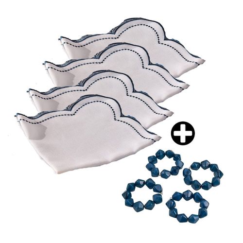 COMBO Casa del Mediterráneo Orange: Set de 4 servilletas de tela Poli Azul 40cm + Set de 4 aros acrílicos para servilletas