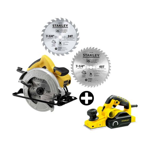 COMBO Stanley: Sierra Circular SC16 1600W + 2 Discos 7-1/4" + Cepillo de Madera 750W STPP7502