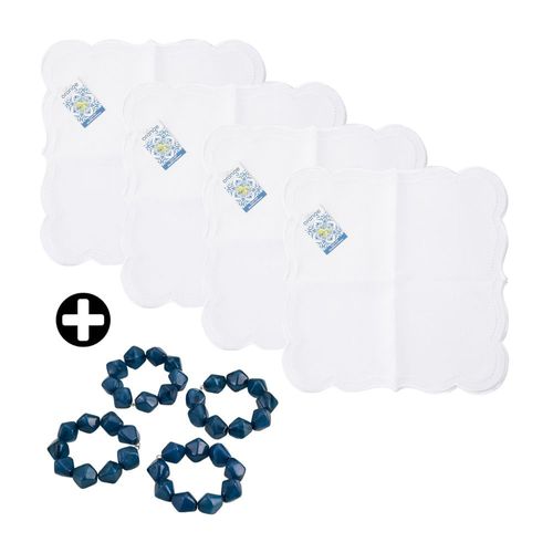 COMBO Casa del Mediterráneo Orange: Set de 4 servilletas de tela Poli Blanco 40cm + Set de 4 aros acrílicos para servilletas