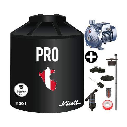 COMBO Tanque de agua Pro 1100 litros Negro + Kit de Accesorios + Electrobomba Centrífuga Pedrollo 1 HP CPM620 100L/min