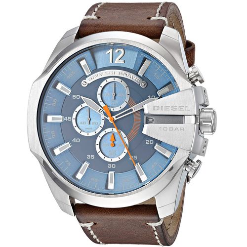 Reloj Diesel Mega Chief DZ4458 Fecha Cronometro Correa De Cuero Marrón Dial Celeste
