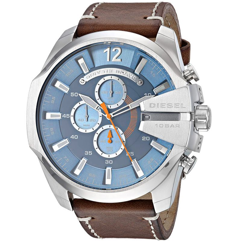 Reloj-Diesel-Mega-Chief-DZ4458-Fecha-Cronometro-Correa-De-Cuero-Marron-Dial-Celeste