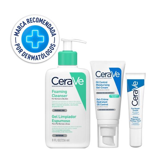 Rutina Oil Control CeraVe: Limpiador Facial + Gel-Crema Hidratante + Contorno de Ojos