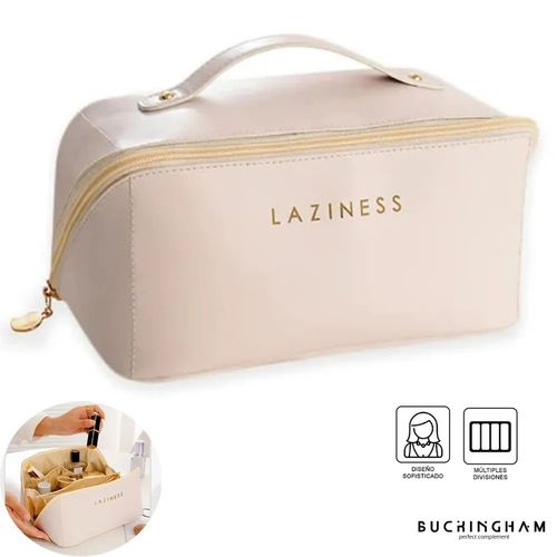 Combo Neceser Estuche de Cosméticos Beige + Brochas de Maquillaje Set 8 piezas con Estuche Rosado