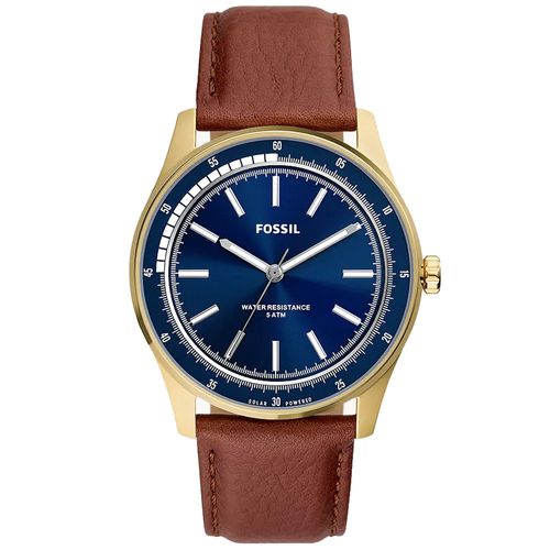 Reloj Fossil Sullivan BQ2665 Solar Acero Inoxidable Correa de Cuero Marrón y Dial Azul