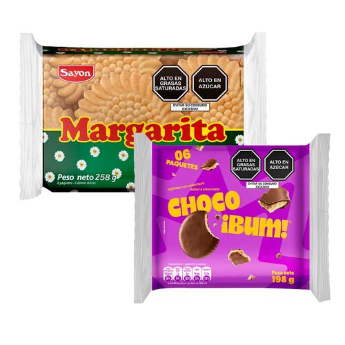 Pack Galletas SAYON Margarita Bolsa 43g + Galleta CHOCOBUM Bolsa 198g x 6un