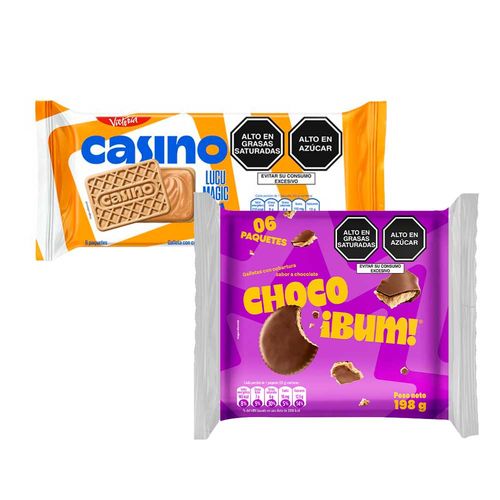 Pack Galleta CASINO Sabor Lúcuma Bolsa 43g Paquete 6un + Galleta CHOCOBUM Bolsa 198g x 6un