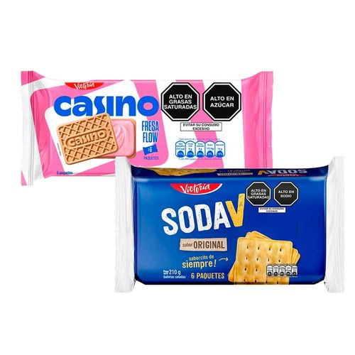 Pack Galleta CASINO Sabor Fresa Bolsa 43g Paquete 6un + Galletas SODA V Paquete 6un