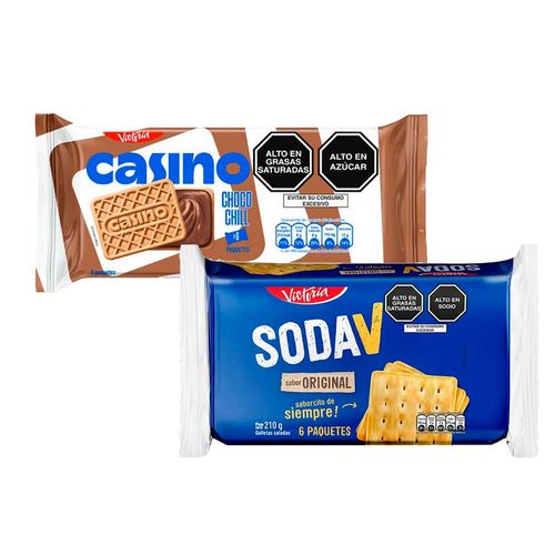 Pack Galleta CASINO Sabor Chocolate Bolsa 43g Paquete 6un + Galletas SODA V Paquete 6un