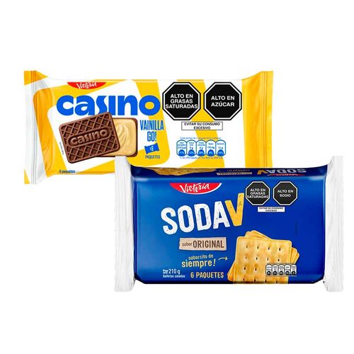Pack Galleta CASINO Sabor Vainilla Bolsa 43g Paquete 6un + Galletas SODA V Paquete 6un