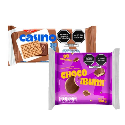 Pack Galleta CASINO Sabor Chocolate Bolsa 43g Paquete 6un + Galleta CHOCOBUM Bolsa 198g x 6un
