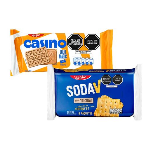 Pack Galleta CASINO Sabor Lúcuma Bolsa 43g Paquete 6un + Galletas SODA V Paquete 6un