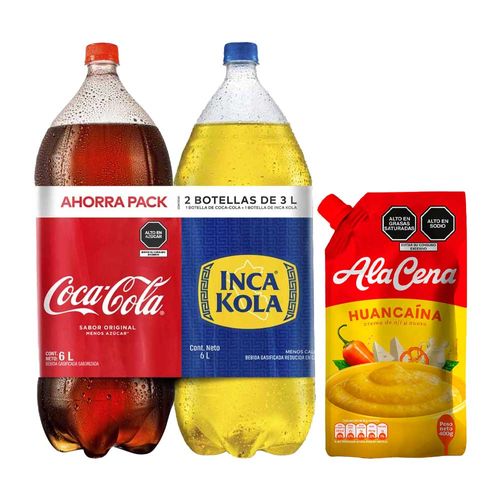Pack Gaseosa COCA COLA + INCA KOLA 2Pack Botella 3L + Crema Huancaína ALACENA Doypack 400g