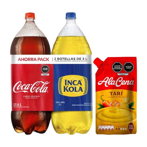 Pack Gaseosa COCA COLA + INCA KOLA 2Pack Botella 3L + Crema de Ají Tari ALACENA Doypack 400g
