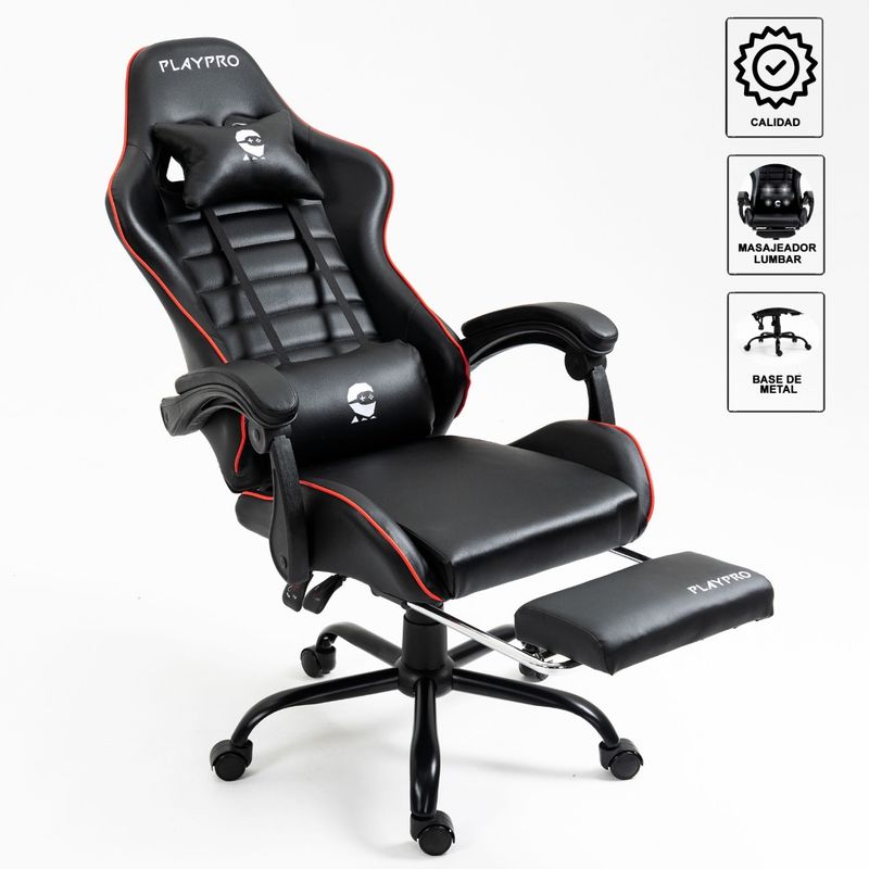 Silla-Gamer-con-Masajeador-Lumbar-Playpro-X1-Rojo-Base-de-Metal