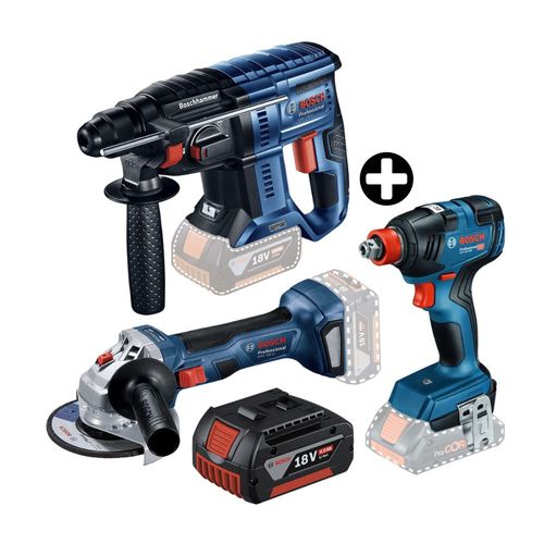 COMBO Rotomartillo 18V GBH 180-LI + Amoladora 18V GWS 180-LI + Llave de impacto 18V GDX 18V-200 + 2 baterías 18V 4,0Ah + 1 cargador GAL 1880 Bosch