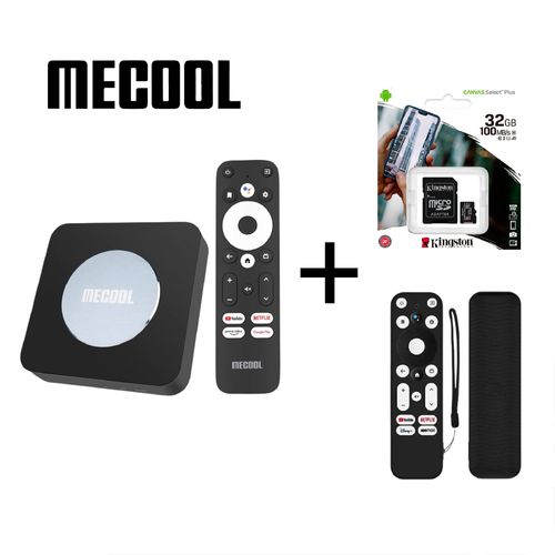 Mecool KM2 Plus + Funda negra protectora para mando + Memoria 32GB Kingston