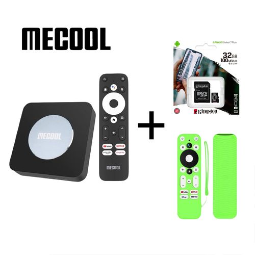 Mecool KM2 Plus + Funda verde protectora para mando + Memoria 32GB Kingston