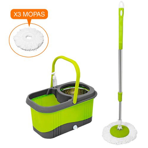 Balde Escurridor Automático Trapeador 3 Mopas+Dispensador Verde