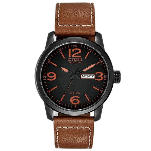 Reloj Citizen Eco Drive BM8475-26E Solar Fecha Acero Inoxidable Negro Correa de Cuero Marrón