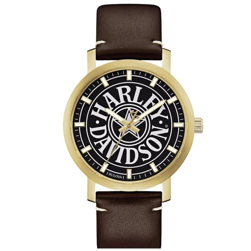 Reloj Bulova Harley Davidson 77A100 Edicion Limitada Acero Inoxidable Dorado Correa Cuero Marrón