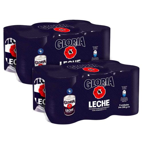Pack Leche Reconstituida Entera GLORIA Lata 390g Paquete 6un x 2un