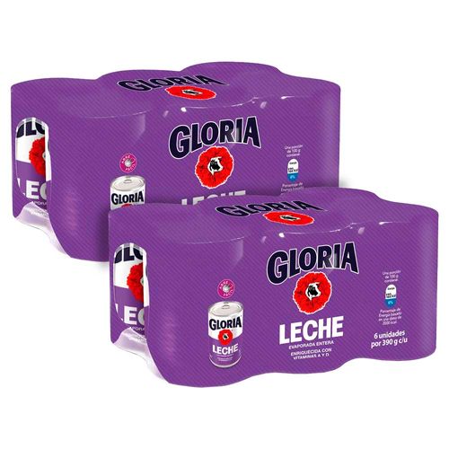 Pack Leche Evaporada Entera GLORIA Lata 390g Paquete 6un x 2un