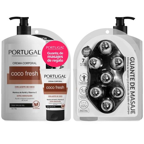 Pack PORTUGAL Crema Corporal de Coco 450g + 110g + Guante Masajeador