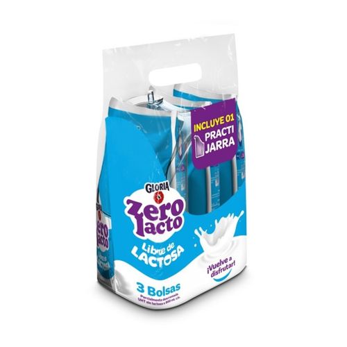 Leche UHT Gloria Zero Lactosa Bolsa 900ml Paquete 3un + Practijarra