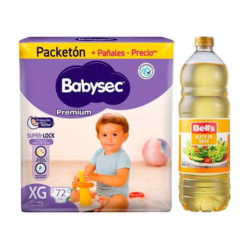Pack Pañales Bebé BABYSEC Premium XG Paquete72un + Aceite de Soya BELL'S Botella 900ml