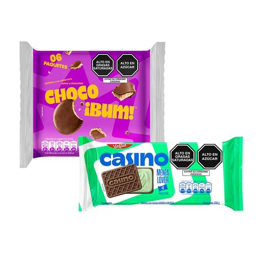 Pack Galleta CHOCOBUM Bolsa 33.5g Paquete 6un + Galleta CASINO Sixpack Sabor Menta Bolsa 43g Paquete 6 un