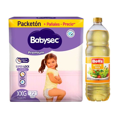 Pack Pañales Bebé BABYSEC Premium XXG Paquete 72un + Aceite de Soya BELL'S Botella 900ml