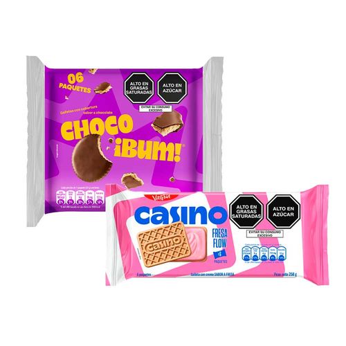 Pack Galleta CASINO Sabor Fresa Bolsa 43g Paquete 6un + Galleta CHOCOBUM Bolsa 33.5g Paquete 6un