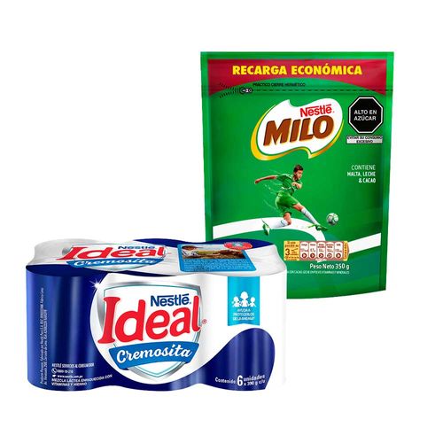 Pack Mezcla Láctea IDEAL Cremosita Lata 390g Paquete 6un + Fortificante Granulado MILO Activ - Go Doypack 350g