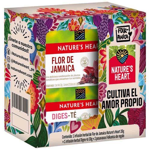 Infusión Herbal de Flor de Jamaica NATURE'S HEART Paquete 26g + Infusión DIGES-TÉ Paquete 30g + 2 Posavasos