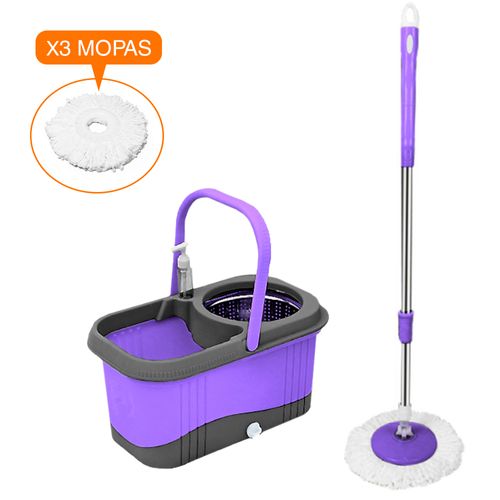 Balde Escurridor Automático Trapeador 3 Mopas+Dispensador Morado