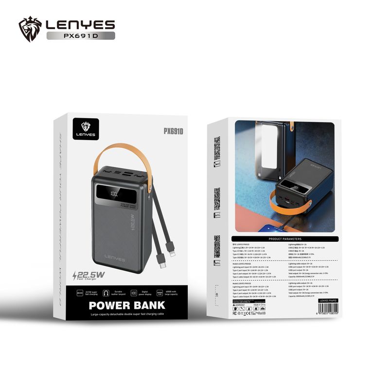 PowerBank-Lenyes-PX691-de-60000mAh-Carga-Rapida-225W-Pantalla-Digital-Triple-Salida---Cables-Integrados-Tipo-C-y-Lightning