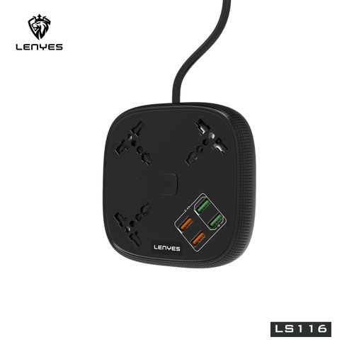 Extensión Eléctrica LENYES LS116 3 Enchufes con Tierra, 4 Puertos USB, Botón de Encendido/Apagado, C