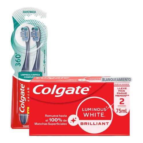 Pack COLGATE Pasta Dental Luminous White 2x75ml + Cepillo de Dientes 360° Suave 2un