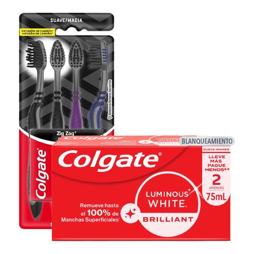 Pack COLGATE Pasta Dental Luminous White 2x75ml + Cepillo de Dientes Zig Zag Carbón Paquete 4un