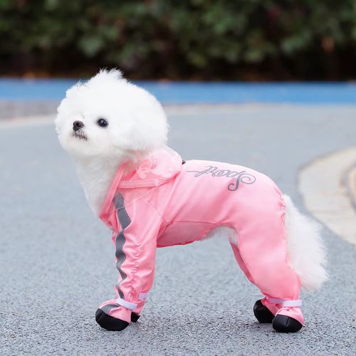 Impermeable Completo Para Perros O Gatos Con Capucha Y Zapatos Rosado Talla M
