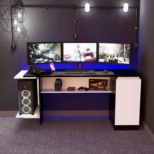 Escritorio Gamer NR 02 140cm 1 Puerta Movenda Negro/ Blanco