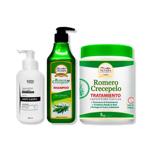 SHAMPOO ANTICASPA 350ML + SHAMPOO ROMERO 520ML + TRATAMIENTO CAPILAR
