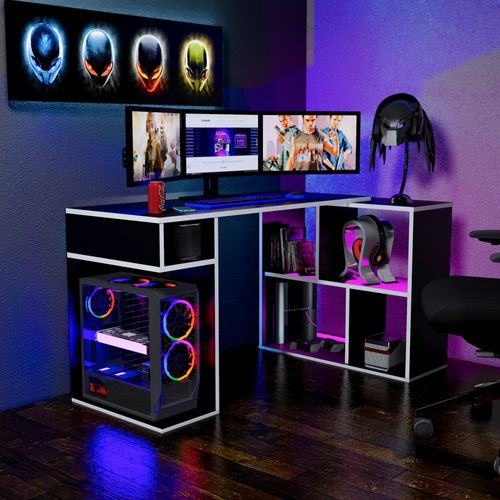 Escritorio Gamer en L 133x80cm NR 11 Movenda Negro/ Blanco