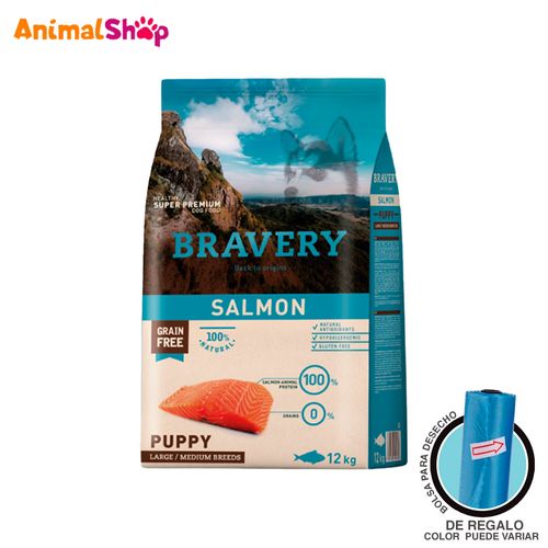 Comida De Perro Cachorro Bravery Raza Grande Salmón 12 Kg