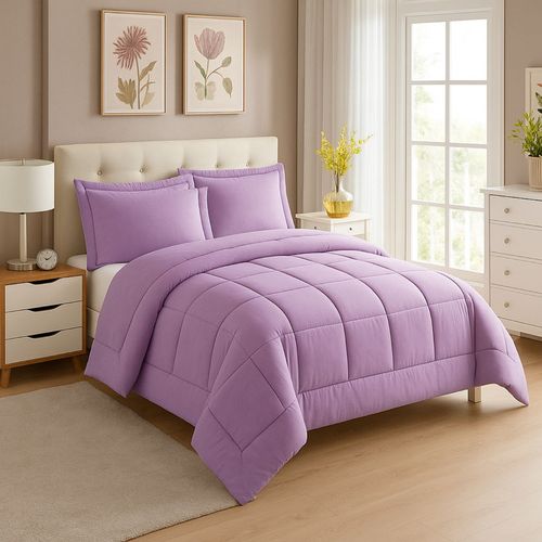 EDREDON NUBE HOGAR 1.5 PLAZA DAILY SET CUADROS ALGODON + FUNDAS DE ALMOHADA LILA