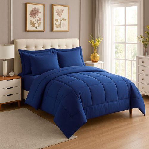 EDREDON NUBE HOGAR KING DAILY SET CUADROS ALGODON + FUNDAS DE ALMOHADA AZUL MARINO